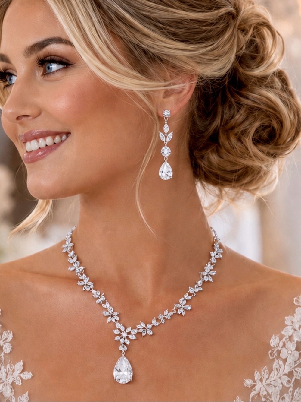 Bridal Floral Vine Necklace Earrings jewelry Set CZ Wedding Mother of the Bride